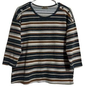 LAVISH Long Sleeve Top Womens XL Blue White Brown Striped Grommet Casual Stretch
